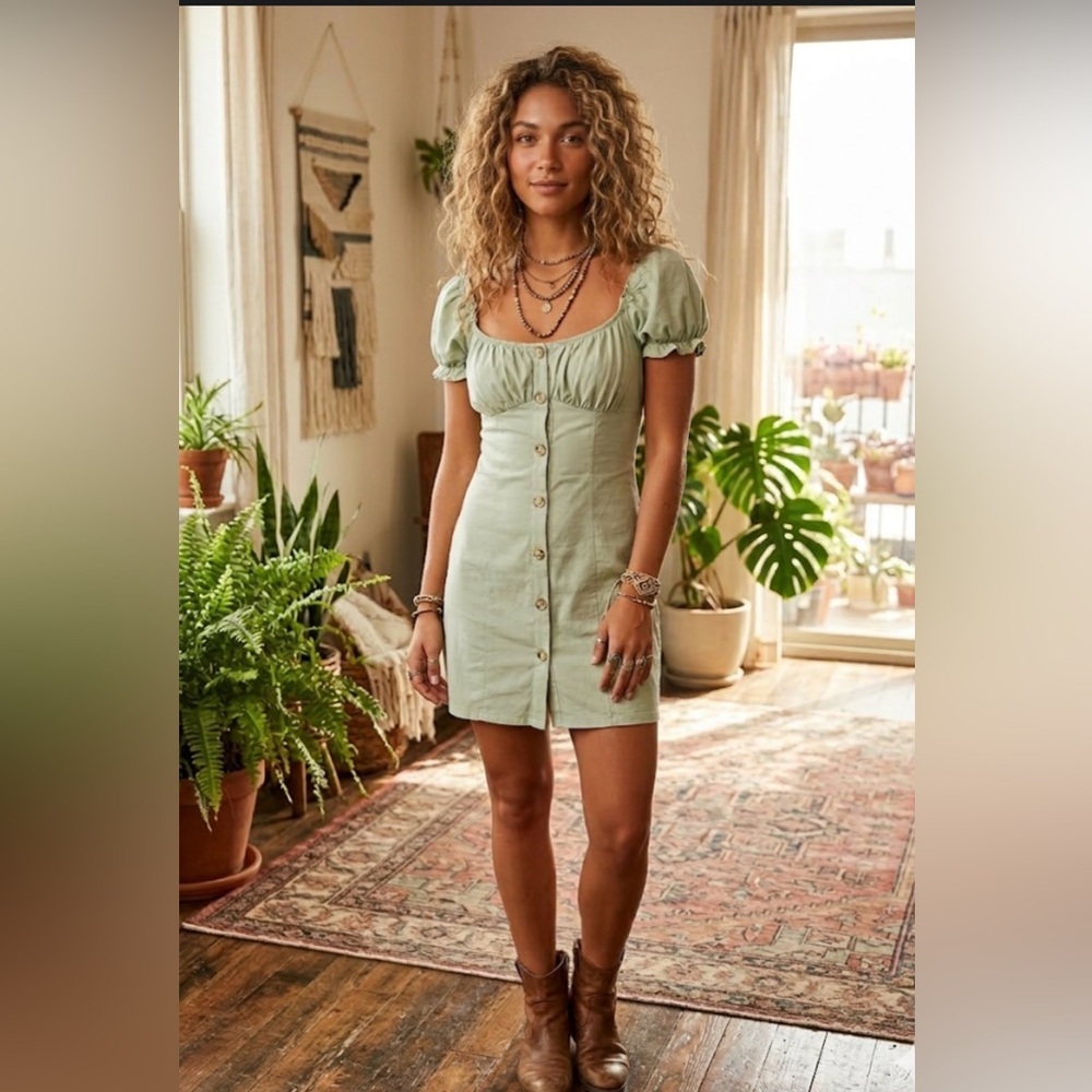 Sage Puff-Sleeve Button Mini Dress by